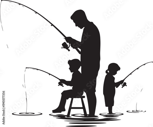 Black silhouette of man and children fishing