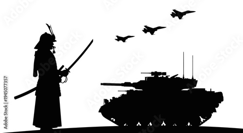 Samurai Warrior with Sword Facing Modern Military Tank and Fighter Jets