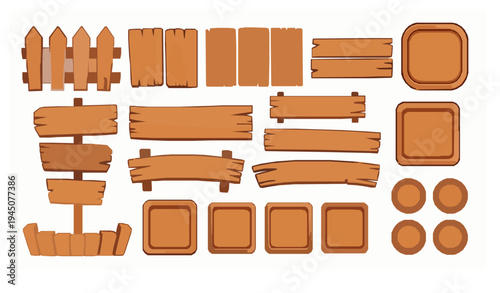Cartoon wooden UI elements set fence planks signboard frames and buttons game assets vector