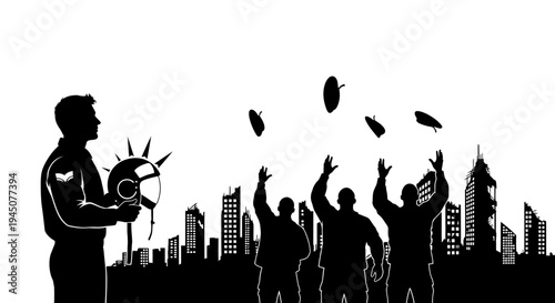 Silhouette of a juggler with a futuristic helmet and people tossing objects in a city skyline