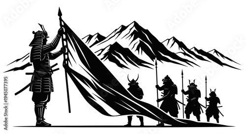 Samurai Warriors Raising Flag on Mountain Peak, Symbolizing Victory and Strength