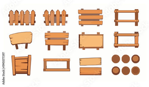 Wooden game UI asset pack fence signboards planks frames and buttons vector illustration