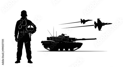 Silhouette of Soldier, Tank, and Fighter Jets in Formation