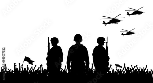 Silhouette of soldiers and helicopters over cheering crowd, symbolizing victory or protest.