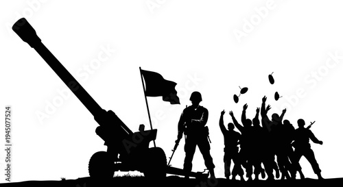 Silhouette of soldiers celebrating victory with cannon and flag