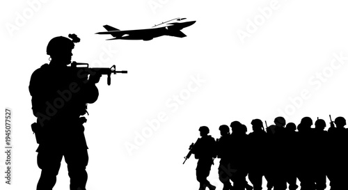 Silhouette of soldiers and fighter jet in formation against a white background