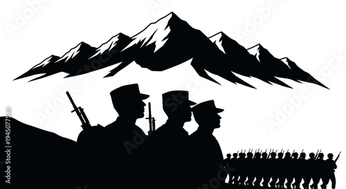 Silhouette of Soldiers Marching in Formation Against Majestic Mountain Peaks