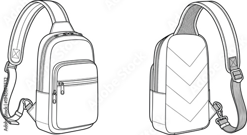 Sling backpack technical line drawing showing front and back view of crossbody shoulder bag with zipper pockets, adjustable strap and modern travel bag vector illustration