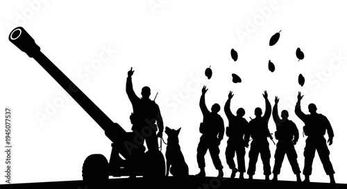 Silhouette of soldiers celebrating with a cannon and a dog, throwing leaves