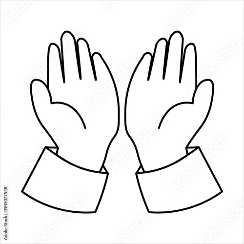 A simple black and white line drawing of two open hands with cuffs, palms facing forward, suggesting an offering or a plea.
