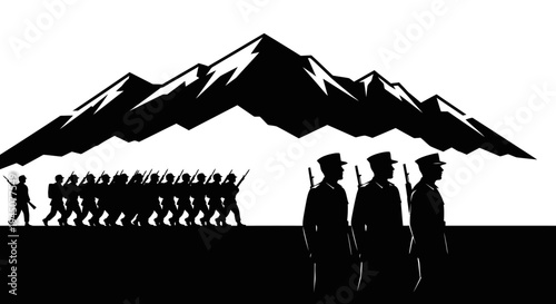 Silhouette of Soldiers Marching in Formation Against Majestic Mountain Range