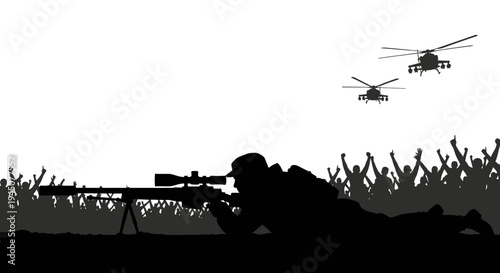 Silhouette Sniper Soldier Aiming Rifle with Helicopters and Crowd in Background