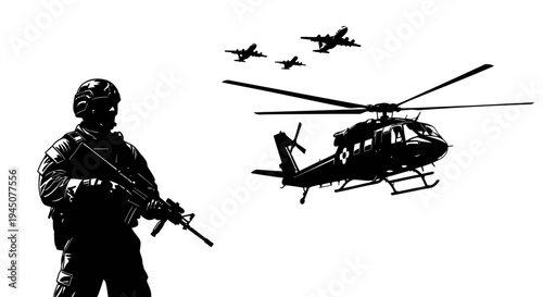 Silhouette Soldier and Military Aircraft - Helicopter and Jets in Sky