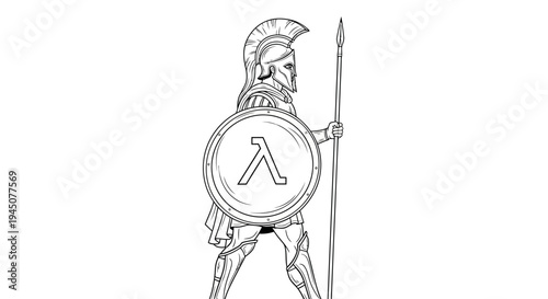 Spartan Warrior with Lambda Shield and Spear, Ancient Greek Soldier Illustration
