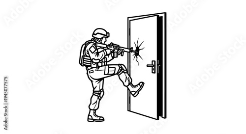 Special Forces Soldier Kicking Down Door with Rifle