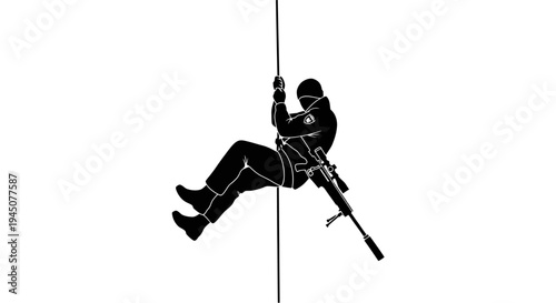 Special Forces Soldier Rappelling Down Rope with Sniper Rifle