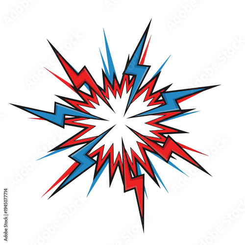This vibrant graphic illustration depicts a dynamic comic book style explosion with striking red and blue lightning bolts radiating outward, symbolizing powerful impact and energy.