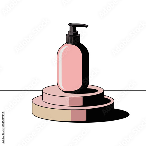 A pink soap dispenser bottle on a modern pedestal display