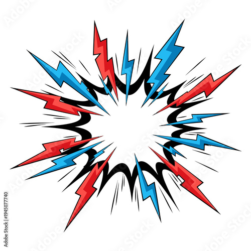 A vibrant comic book style explosion graphic features dynamic red and blue lightning bolts bursting outwards from a central impact zone, conveying intense energy and shock.