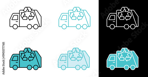 Waste management collection vehicle icon for municipal cleanup services in line and fill style