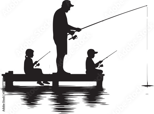 Black silhouette of man and two children fishing on a dock