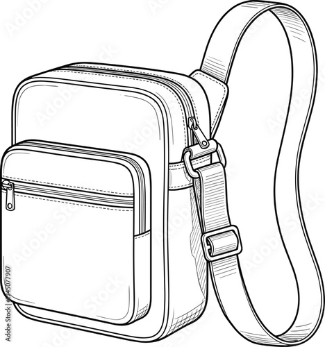 Sling backpack line art illustration featuring modern crossbody shoulder bag with adjustable strap and zipper pocket, casual travel bag vector outline isolated design