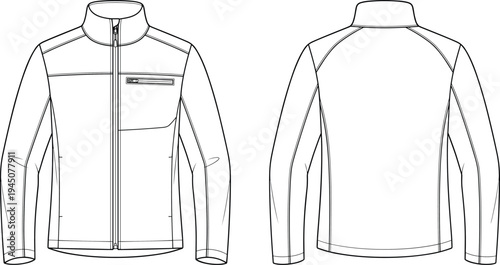 Men’s sport jacket technical line drawing showing front and back view with zipper closure, long sleeves and stand collar apparel vector outline design template