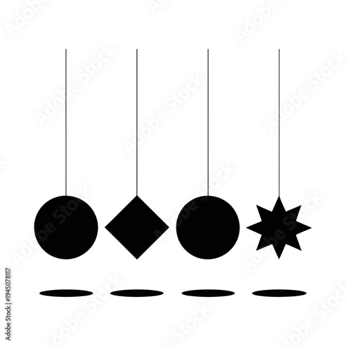 A Newton cradle vector illustration with black shapes on a gray background