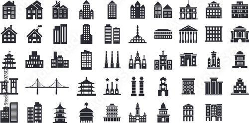 World architecture landmarks and city buildings icons set, monuments, bridges, temples and urban skyline vector collection