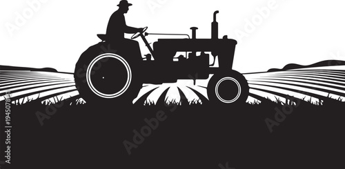Black silhouette of man driving tractor in field with rows