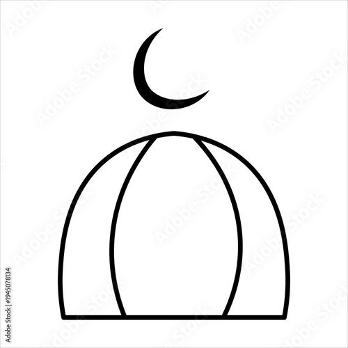 A minimalist black and white line drawing of a dome topped with a crescent moon, symbolizing religious or cultural architecture.