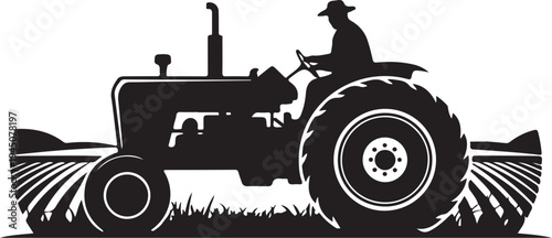 Black silhouette of man driving tractor plowing field