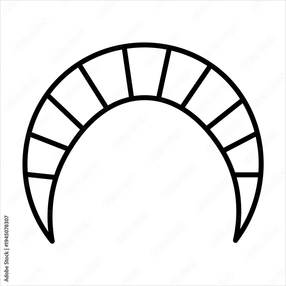 Fototapeta premium A simple, stylized black and white line drawing of a crescent moon shape with internal divisions, resembling a stylized horn or a segmented arch.