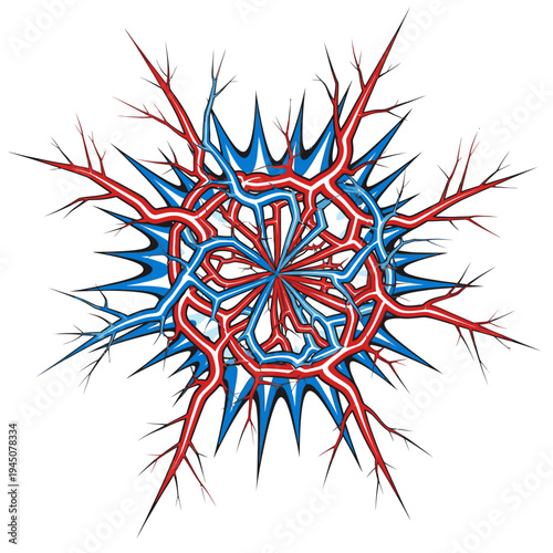 Abstract representation of a biological circulatory system with red arteries and blue veins radiating outwards.