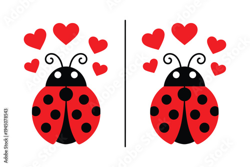 Flying Ladybug and Heart Vector, dotted polka dot pattern, spring illustration, ladybug symbol of luck, protection, resistance, and prosperity, also represents senseless violence, flat vector design.