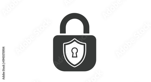 Black padlock icon with security shield symbol isolated on white background
