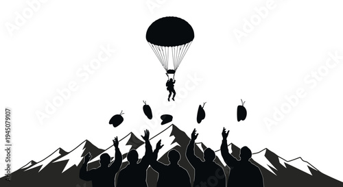 Skydiver Jumps Over Mountains, People Celebrate With Arms Raised