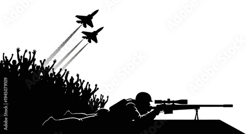 Sniper soldier aiming rifle with fighter jets flying over cheering crowd silhouette