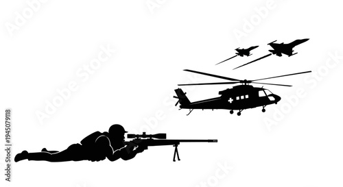 Sniper aiming at military helicopter and fighter jets, war, conflict, surveillance, military operation