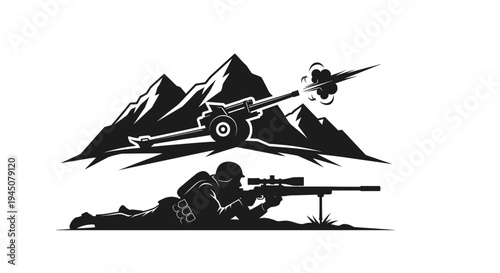 Sniper Soldier Aims Rifle, Artillery Cannon Fires in Mountainous War Zone