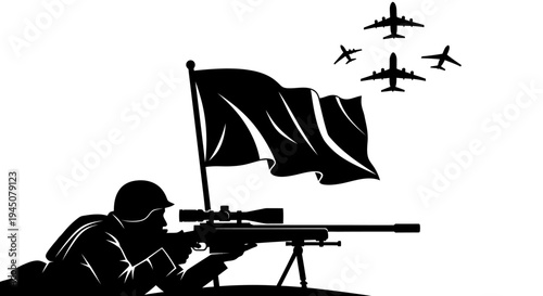 Sniper Soldier with Flag and Fighter Jets Silhouette