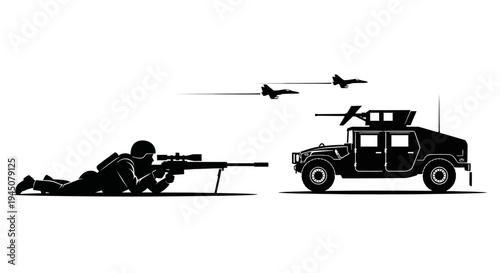 Sniper Soldier, Military Humvee, and Fighter Jets Silhouette on White Background