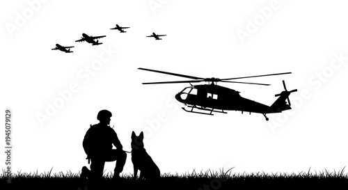 Soldier and Dog Silhouette with Military Aircraft Formation in Sky