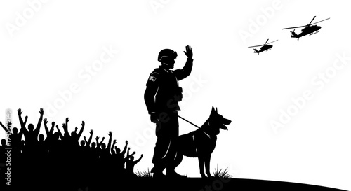 Soldier and Dog Waving Goodbye to Crowd with Helicopters Flying Overhead