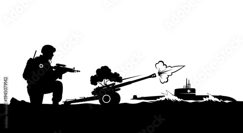 Soldier firing artillery at submarine, military conflict, war concept