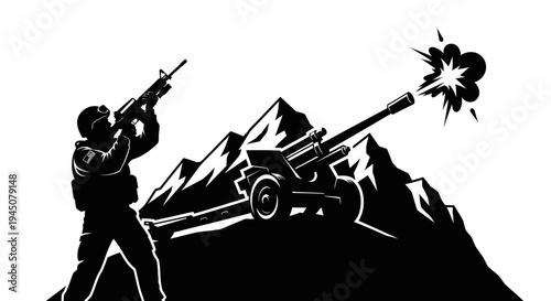 Soldier firing rifle and artillery cannon firing in mountainous terrain, black and white silhouette