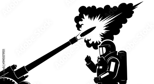 Soldier firing cannon with explosion and smoke, hazmat suit, military, war, danger