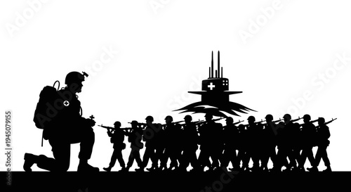 Soldier Kneeling Before Military Marching with Submarine Silhouette