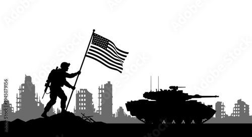 Soldier holding American flag in destroyed city with tank, symbolizing victory and patriotism