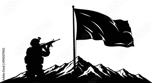Soldier Planting Flag on Mountain Peak, Symbol of Victory and Achievement